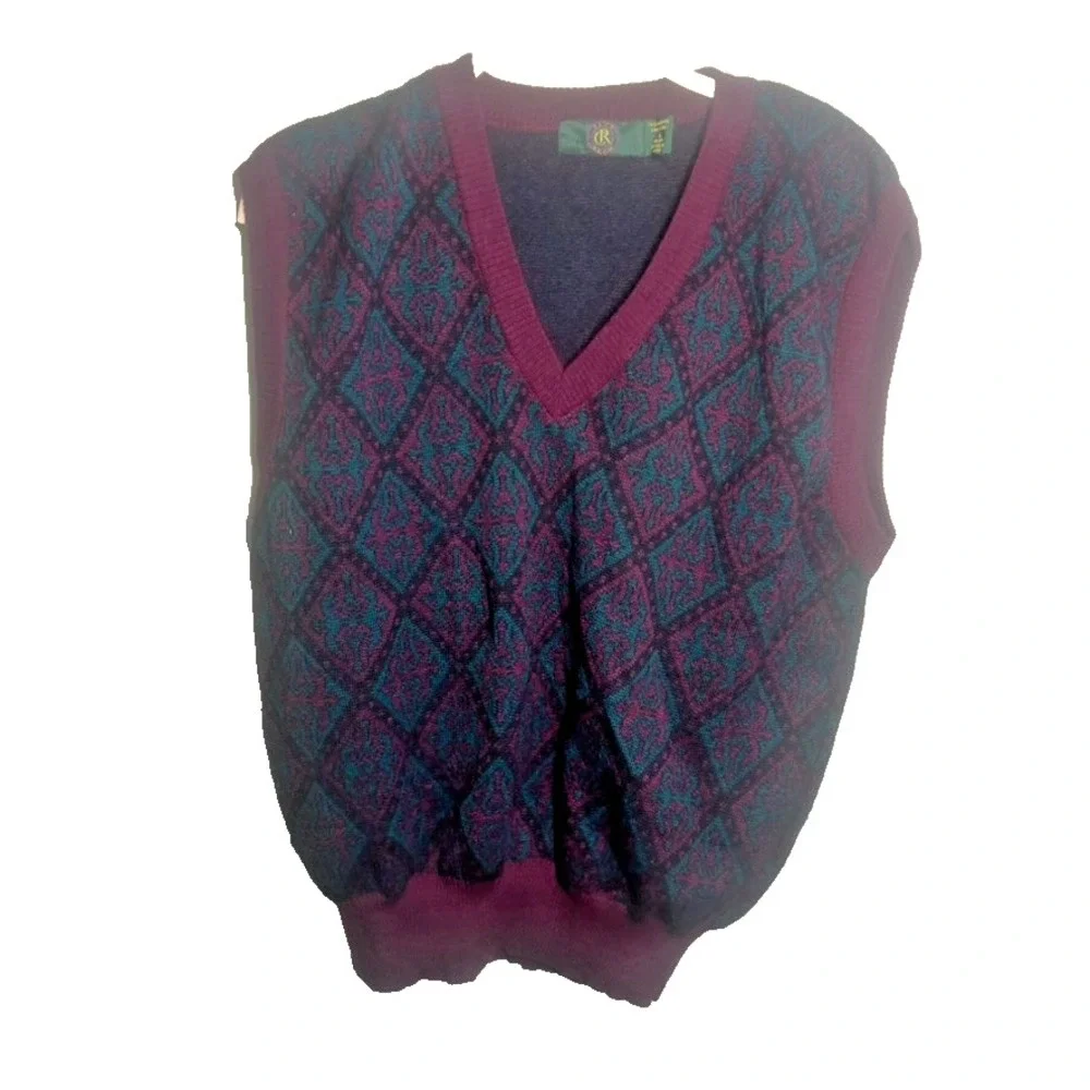 Club Room Men's Large Geometric‎ Merino Wool Blend Pullover Sweater Vest Maroon